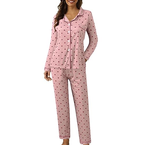 Damen Schlafanzug Weich Pyjama Set Gemütliche Zweiteiliger Nachtwäsche Langärmliges Button Down Oberteile und Lange Hose Atmungsaktives Gewebe Revers Loungewear mit Brusttasche und Bedruckte von Generisch