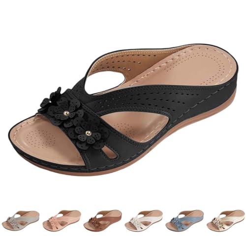 Damen Schlappen Schwarz, Hausschuhe Damen Sommer Offen Pantoletten Plateausandalen Mit Blumen Plateau Keilschuhe Slip On Freizeitschuhe Atmungsaktiv Clogs Open Toe Barfußschuhe Flip Flop von Generisch