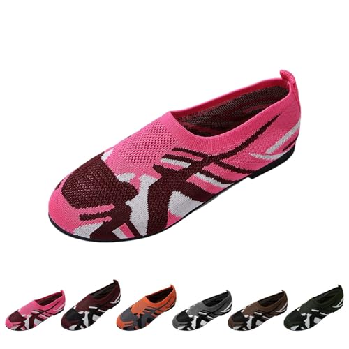 Damen-Schlupfschuhe, gestrickt, elegante Schuhe, lässig, Low-Top, flach, bequem, leicht, Wanderschuhe, fliegendes gewebtes Netzgewebe, atmungsaktiv, weiche Sohle, lässige flache Loafers, hot pink von Generisch