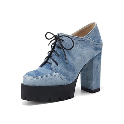 Damen-Schnürhalbschuhe, Plateau-Pumps mit rundem Zehenbereich, Oxford, lässig, Schlupfschuhe, klobig, hoher Absatz, elegante Schuhe, denim-blau, 39 EU Damen-Schnürhalbschuhe, Plateau-Pumps mit rundem Zehenbereich, Oxford, lässig, Schlupfschuhe, klobig, hoher Absatz, elegante Schuhe, denim-blau, 39 EU von Generisch