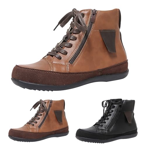 Damen-Schnürstiefeletten, niedriger Absatz, wasserdicht, lässig, bequem, mit seitlichem Reißverschluss, Fußgewölbeunterstützung, rutschfeste Gummisohle, Plateau, Leder, Wanderschuhe, Biker-Schuhe von Generisch