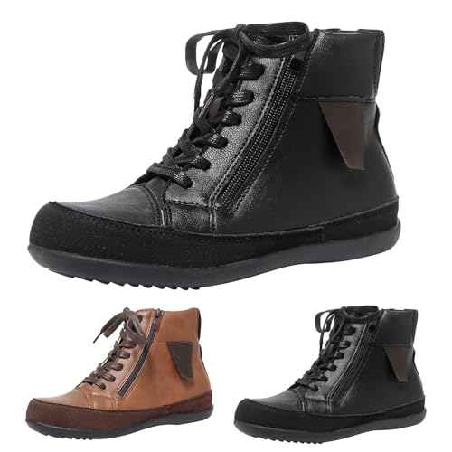 Damen-Schnürstiefeletten, niedriger Absatz, wasserdicht, lässig, bequem, mit seitlichem Reißverschluss, Fußgewölbeunterstützung, rutschfeste Gummisohle, Plateau, Leder, Wanderschuhe, Biker-Schuhe von Generisch
