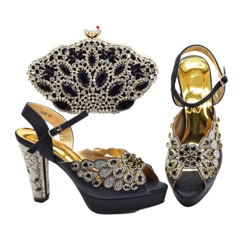 Damen-Schuh- und Taschen-Set, Party in Schuhen und Taschen, passend zu Strass-Pumps mit High Heels, Schwarz , 42.5 EU von Generisch