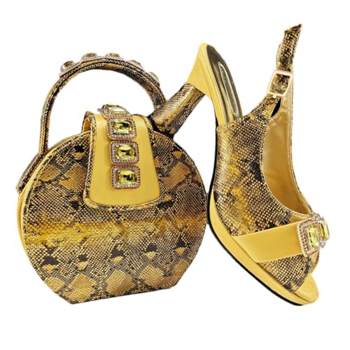 Damen-Schuhe-Set mit offenen Zehen und Tasche, Diamant-Dekoration, italienisches Design, Hochzeit, Party, Anzug, gelb, 42.5 EU Damen-Schuhe-Set mit offenen Zehen und Tasche, Diamant-Dekoration, italienisches Design, Hochzeit, Party, Anzug, gelb, 42.5 EU von Generisch
