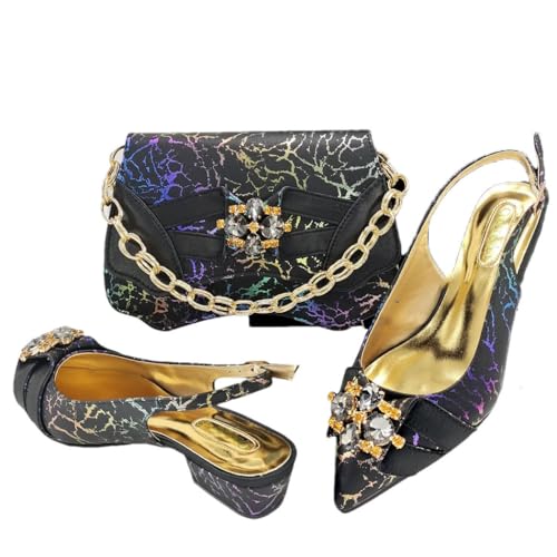 Damen-Schuhe und Handtaschen-Set mit niedrigem Absatz und Strass für Hochzeit, Abend, Party, Schwarz , 40.5 EU von Generisch