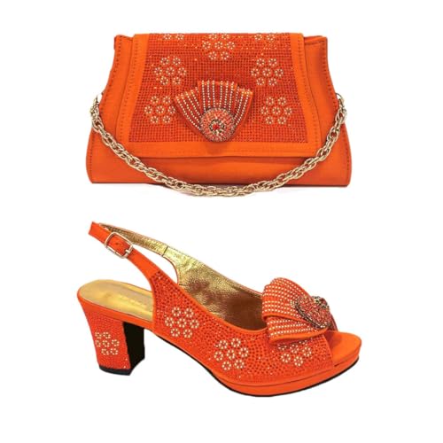 Damen-Schuhe und Handtaschen-Set mit runden Zehen, Satin-Strasssteine, verziert für Party, Hochzeit, Orange, 40.5 EU von Generisch