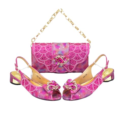 Damen-Schuhe und Tasche, Strass-Dekoration, Peep-Toe, niedrige Absätze, Set für Party, Hochzeit, Kristall-Pumps, fuchsia, 43 EU von Generisch