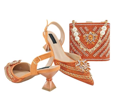 Damen Schuhe und Tasche Set Spitze Zehen Heels mit Strass Dekoration für Party Hochzeit, Orange, 40.5 EU von Generisch