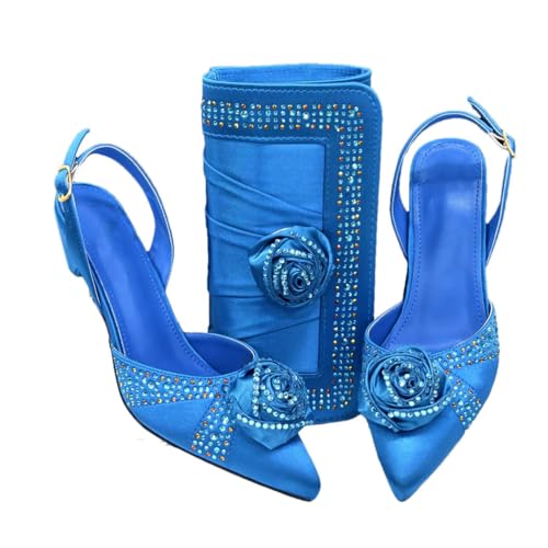 Damen-Schuhe und Taschen, Set mit High Heels, afrikanischer Stil, Abendparty, Sandalen, Mode-Accessoires, blau, 43 EU von Generisch