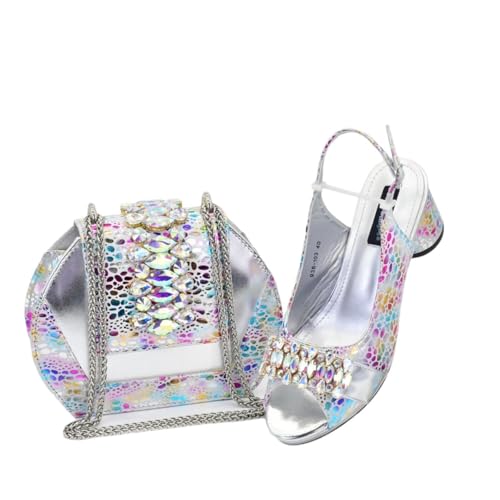Damen Schuhe und Taschen Set Schuhe und Tasche Set Italien Strass Hochzeit Party Pumps, silber, 40.5 EU von Generisch