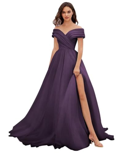 Damen Schulterfreies TüLl-Ballkleid Langes Ballkleid A-Linie Hochzeitskleid Geteiltes Formelles Abendkleid Mit Schlitz Grape XL von Generisch