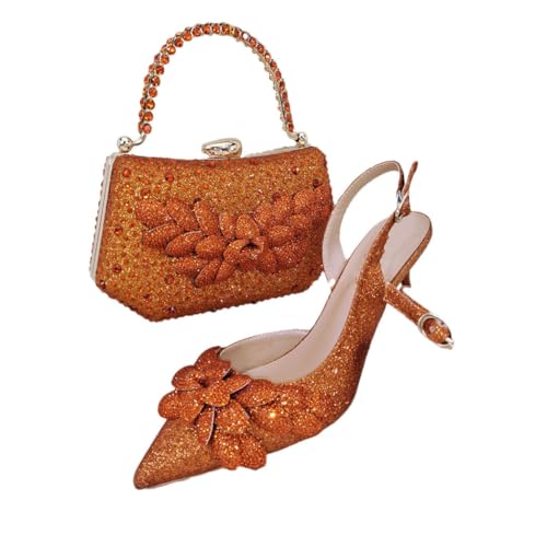 Damen-Set mit spitzen Zehen und Taschen, handgefertigt, Blumenmuster, Hochzeit, Party, passender Look, Orange, 43 EU Damen-Set mit spitzen Zehen und Taschen, handgefertigt, Blumenmuster, Hochzeit, Party, passender Look, Orange, 43 EU von Generisch