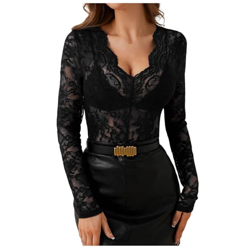 Damen Sheer Mesh Langarmshirt Spitzen Blumenmuster Stehkragen Durchsichtige Langarm Oberteil Enge Unterziehshirt Layering Tops Shirts Bluse von Generisch