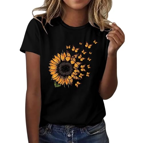 Damen-Shirt mit Rundhalsausschnitt/V-Ausschnitt, modisch, lässig, mit Sonnenblumen-Motiv, Schmetterlings-Druck, Rundhalsausschnitt, kurzärmelig, Oberteil, übergroße T-Shirts für Damen (schwarz, M), von Generisch