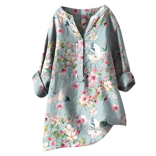 Damen-Shirts aus Gaze-Leinen mit V-Ausschnitt, 3/4-Ärmel, lange Ärmel, übergroß, Schößchen, lässig, Geburtstag, Herbst, Party, Knopfleiste, bequeme Grafik, Baumwoll-Top, einfarbig, himmelblau, 3XL Damen-Shirts aus Gaze-Leinen mit V-Ausschnitt, 3/4-Ärmel, lange Ärmel, übergroß, Schößchen, lässig, Geburtstag, Herbst, Party, Knopfleiste, bequeme Grafik, Baumwoll-Top, einfarbig, himmelblau, 3XL von Generisch