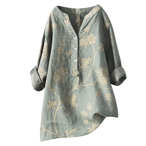 Damen-Shirts aus Gaze-Leinen mit V-Ausschnitt, 3/4-Ärmel, lange Ärmel, übergroß, Schößchen, lässig, Geburtstag, Herbst, Party, Knopfleiste, bequeme Grafik, Baumwoll-Top, einfarbig, lichtgrün, XL Damen-Shirts aus Gaze-Leinen mit V-Ausschnitt, 3/4-Ärmel, lange Ärmel, übergroß, Schößchen, lässig, Geburtstag, Herbst, Party, Knopfleiste, bequeme Grafik, Baumwoll-Top, einfarbig, lichtgrün, XL von Generisch