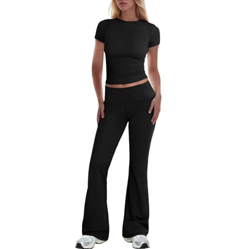 Damen Short Ärmeln Top Schlaghosen Trainingsanzug Slim Fit Stretch Set Verkürztem Oberteil Elastisch Hosen Hosenanzüge Skinny Atmungsaktiv Sportanzug Sexy Sommer Enges Jogginganzug (Black-2, XXL) von Generisch