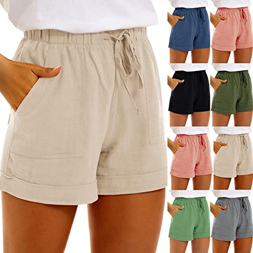 Damen Shorts Beige Sommer Baumwolle Leinen Kurze Hosen Baggy Weite Bermuda-Shorts Elastische High Waist Damenshorts Leichte Stoff Strandshorts Atmungsaktive Freizeitshorts mit Taschen und Kordelzug von Generisch
