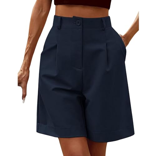 Damen Shorts Dressy Casual für Sommer, Weite Beinhose Zurück Elastische Taille, High Waist Kurze Hose mit Reißverschluss,Sporthose Damen 3/4 von Generisch