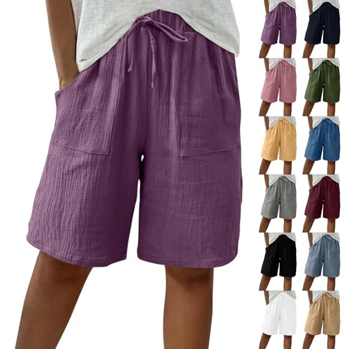 Damen Shorts Musselin Kurz Hose Sommer Leinen Shorts Mit Taschen Mode Lässige Stoffhose Freizeitshorts Hoher Elastische Taille Sportshorts Stretch Gerades Bein Strandshorts Leinenhose von Generisch