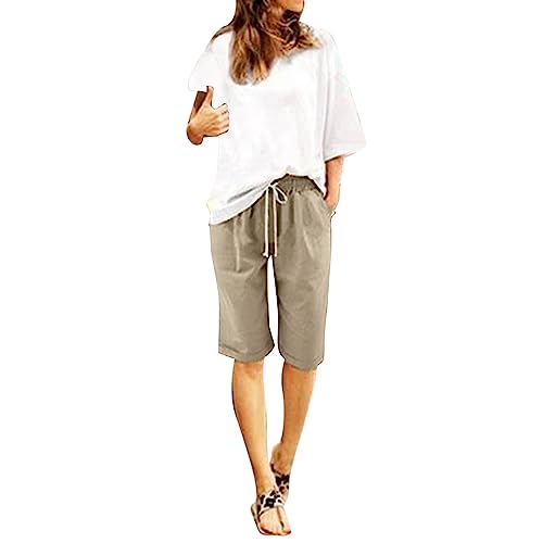 Damen Shorts Sommer Einfarbig Knielang Damen-Shorts Leinenhose Freizeit High Waist Short Lässige Lockere Gerades Bein Kurze Hose Mit Kordelzug Sommerhose Damen Leicht von Generisch