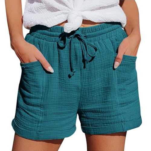 Damen Shorts Sommer Mode Lässige Musselin Hose mit hoher Taille Gerades Bein Sport Lässige Lockere Shorts mit Kordelzug Kurze Hose mit Taschen Gummiband Freizeit Short Stoffhose von Generisch