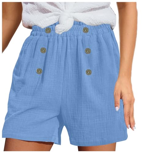 Damen Shorts Sommer Sporthose Gerades Bein Leinen Sweatshorts mit Taschen Kurze Gummiband Strandhose Mode Musselin Sport Lässige Jorts Elegant Leichte Leinenshort Hoher Taille Freizeit Lockere Short von Generisch