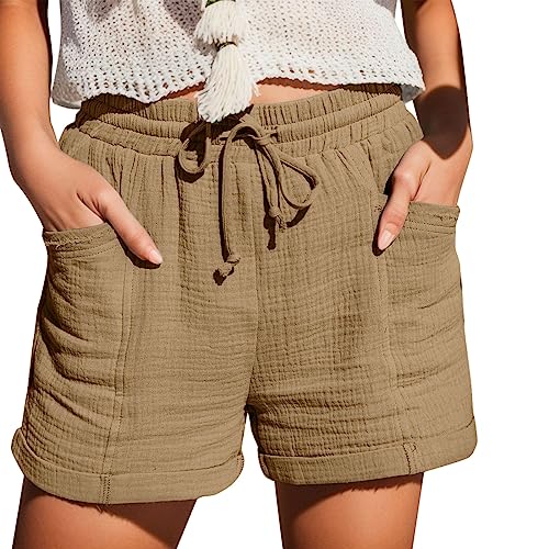 Damen Shorts Sommer Sporthose Gerades Bein Leinen Sweatshorts mit Taschen Kurze Gummiband Strandhose Mode Musselin Sport Lässige Jorts Elegant Leichte Leinenshort Hoher Taille Freizeit Lockere Short von Generisch