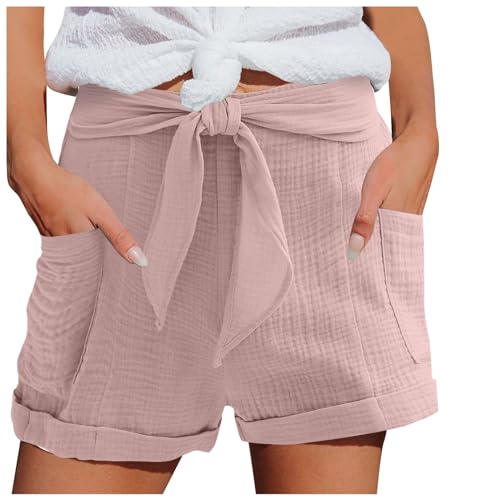 Damen Shorts Sommer Sporthose Gerades Bein Leinen Sweatshorts mit Taschen Kurze Gummiband Strandhose Mode Musselin Sport Lässige Jorts Elegant Leichte Leinenshort Hoher Taille Freizeit Lockere Short von Generisch