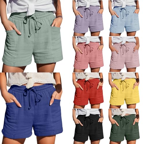 Damen Shorts Sommer Sporthose Gerades Bein Leinen Sweatshorts mit Taschen Kurze Gummiband Strandhose Mode Musselin Sport Lässige Jorts Elegant Leichte Leinenshort Hoher Taille Freizeit Lockere Short von Generisch