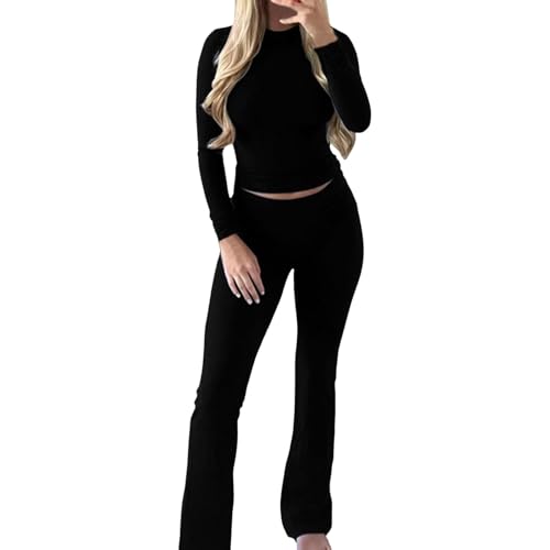 Damen Skims Dupe Slim Fit 2 Stück Set Langarm Crop Top und Low Rise Flare Pants Yoga Trainingsanzug Lounge Set Zweiteiler Damen Lounge Set Geschnittener Zweiteiliger Jogger Anzug (Black-1, S) von Generisch