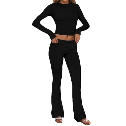 Damen Skims Dupe Slim Fit 2 Stück Set Langarm Crop Top und Low Rise Flare Pants Yoga Trainingsanzug Lounge Set Zweiteiler Damen Lounge Set Geschnittener Zweiteiliger Jogger Anzug (Black-2, XS) von Generisch