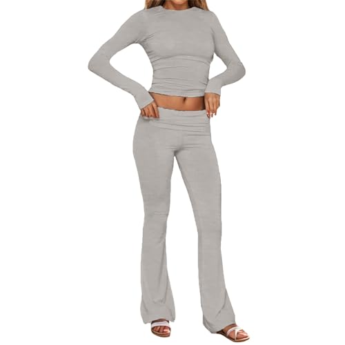 Damen Skims Dupe Slim Fit 2 Stück Set Langarm Crop Top und Low Rise Flare Pants Yoga Trainingsanzug Lounge Set Zweiteiler Damen Lounge Set Geschnittener Zweiteiliger Jogger Anzug (Grey-2, XS) von Generisch