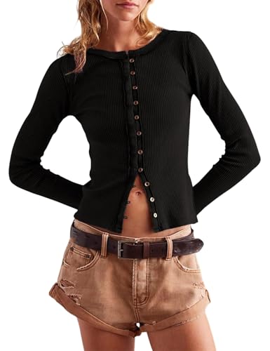 Damen Slim Fit Cardigan Rippstrick Button Down Shirt Gerippt Langarm Rundhals Tops Bluse von Generisch