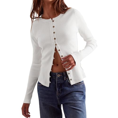 Damen Slim Fit Cardigan Rippstrick Button Down Shirt Gerippt Langarm Rundhals Tops Bluse von Generisch