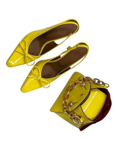 Damen Slingback Schuhe mit passendem Handtaschen-Set, gelb, 37 EU von Generisch