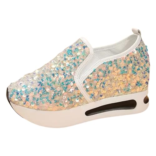Damen Slip On Sneakers Mesh Spitze Keilabsatz Schuhe Atmungsaktive Ausgeschnittene Stoffschuhe Freizeit Turnschuhe Plattform Laufschuhe Sommer Glitzer Slip On Walkingschuhe von Generisch