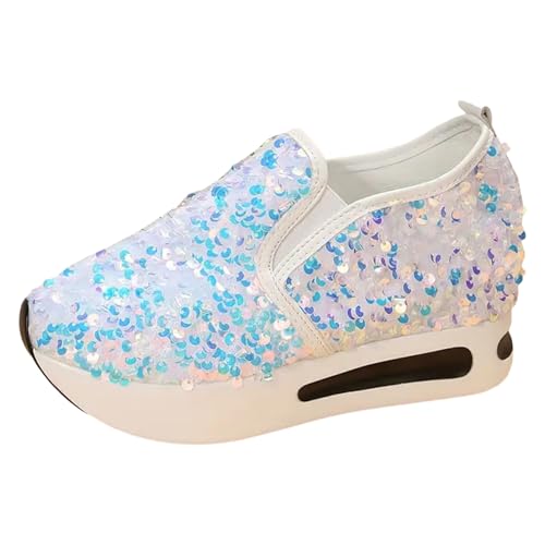 Damen Slip On Sneakers Mesh Spitze Keilabsatz Schuhe Atmungsaktive Ausgeschnittene Stoffschuhe Freizeit Turnschuhe Plattform Laufschuhe Sommer Glitzer Slip On Walkingschuhe von Generisch
