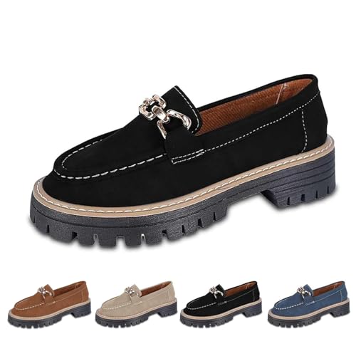 Damen-Slipper mit dicker Sohle, vielseitig, lässig, Suef, Slipper, klobige Penny-Loafers, Business-Casual-Arbeitsschuhe mit Kette, Schwarz , 37EU von Generisch
