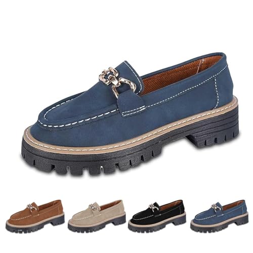 Damen-Slipper mit dicker Sohle, vielseitig, lässig, Suef, Slipper, klobige Penny-Loafers, Business-Casual-Arbeitsschuhe mit Kette, blau, 37EU von Generisch