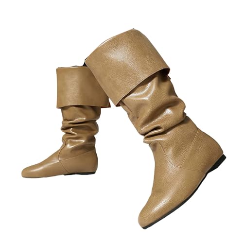 Damen Slouchy Mid Calf Boots Fold Over Round Toe Pull On Flat Combat Motorradstiefel, khaki, 39.5 EU von Generisch