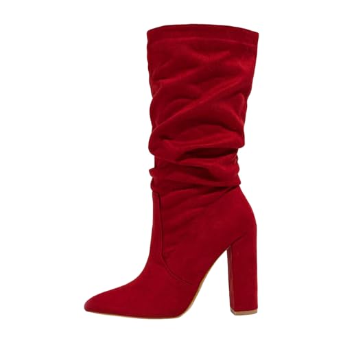 Damen Slouchy Mid Calf Boots Winter Faux Suede Chunky Block Heel Pointed Toe Pull on Dressy Short Booties, rot, 38.5 EU von Generisch