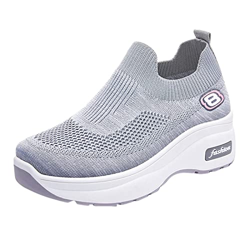 Damen-Sneaker, Netz-Schuhe, Plateau-Sneaker, Laufschuhe, Freizeitschuhe, High Heeld, Keil-Sneaker für Damen, bequeme, elastische Sneaker für Damen, bequeme Schlupfschuhe, grau, 39 EU von Generisch