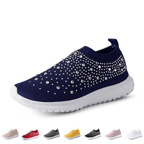 Damen Sneaker Atmungsaktiv Turnschuhe Leicht Laufschuhe Strasssteine Glitzer Sportschuhe Mesh Freizeitschuhe Bequeme Schlupfschuhe Slip On Straßenlaufschuhe Ohne Schnürsenkel Outdoorschuhe von Generisch