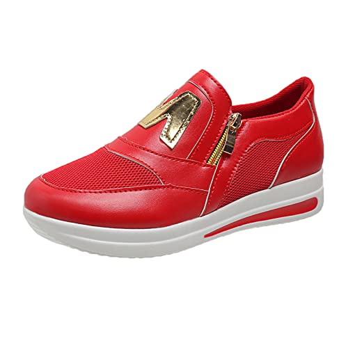 Damen Sneaker Mit Reissverschluss Leder, Sportschuhe Damen Atmungsaktiv, Freizeitschuhe Leichtgewichts Walkingschuhe rutschfest Komfortschuhe Flache Sohle Schlupfschuhe Einfarbig Halbschuhe von Generisch