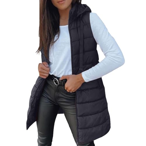 Damen Softshell Westen mit Kapuze Gefütterter Ärmelloser Jacke Wasserdichte Winddichte Sportwesten Vest mit Taschen für Reiten Laufen Wandern Winterjacke Warm Übergangsweste Steppweste Damen Lang von Generisch