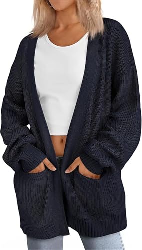 Damen Solid Knit Cardigan Fashion Langarm Casual V-Ausschnitt Weich Open Front Cardigan Sweater mit Taschen, dunkelblau, 42 von Generisch