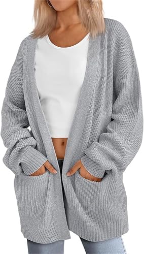 Damen Solid Knit Cardigan Fashion Langarm Casual V-Ausschnitt Weich Open Front Cardigan Sweater mit Taschen, grau, 50 von Generisch