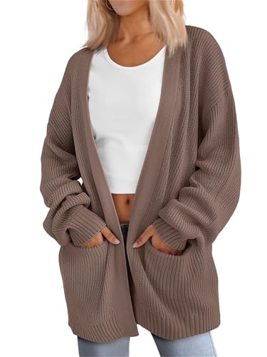 Damen Solid Knit Cardigan Fashion Langarm Casual V-Ausschnitt Weich Open Front Cardigan Sweater mit Taschen, hellbraun, 54 von Generisch