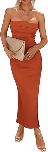 Damen Sommer Bodycon Maxi Tube Kleid gerippt Trägerlos Seitenschlitz Lange Ausgehen Casual Elegante Party Midi Schnitt Strick Fitted (Orange,XL) von Generisch